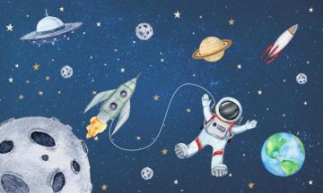 Kids Watercolor Space With Spaceship And Astronaut Wallpaper Mural