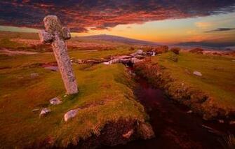 Wallpaper Sky Field Stream Stone Cross Landscapes