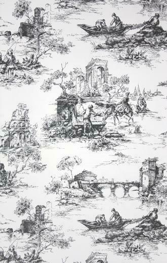 Toile Wallpaper Depicting Fishermen And Rural Country Scenes In Black