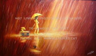 Sunshower Stroll Child Rainy Girl Painting