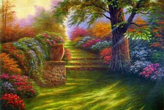 Painting Garden Road Flowers Wallpaper