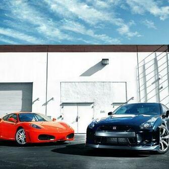 HD Black Nissan Gt R And Red Ferrari Wallpaper