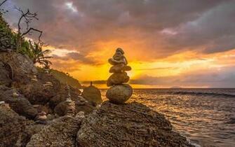 Rocks Stones Sunset Stacked Stack Shore Wallpaper Background