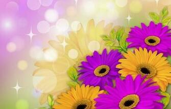 Wallpaper Background Flowers Gerbera Daisies Purple Yellow Leaves