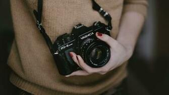 Woman Holding Black Yashica Fx Slr Camera HD Wallpaper