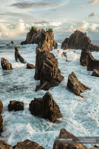 Indonesia Lampung Scenic Of Majestic Rocks In Sea Surf