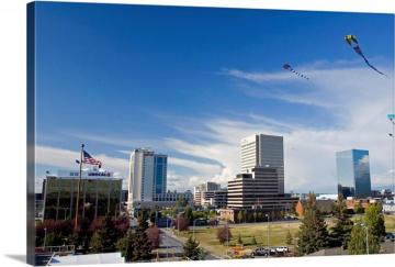 Kites Flying In Park Strip With Downtown Anchorage Background