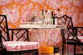 Orange Pink Toile Wallpaper Vintage Faux Bamboo Chair Lucite Bar Cart