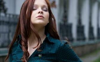 Women Redhead Model Shirt Long Hair Face Closed Eyes