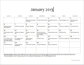 Calendar By Month With Holidays January Food
