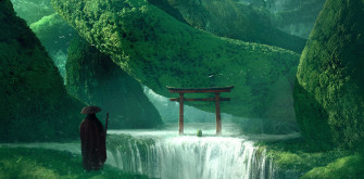 Asia Nature Artwork Waterfall Fantasy Art Torii Green HD