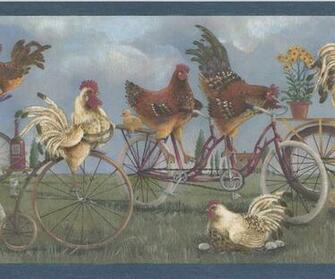 White Roosters Brown Hens On Bikes Vintage Wallpaper Border Retro