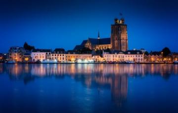 Wallpaper Night Lights River Church Netherlands Skyline