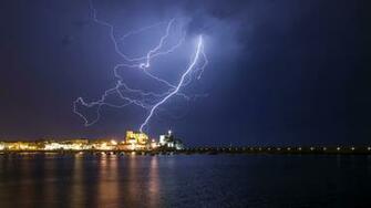 Wallpaper Lightning Night City Coast Sea Full