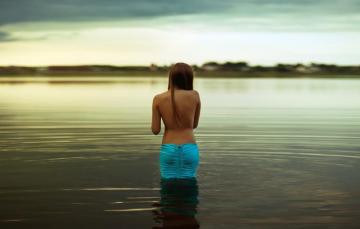 Wallpaper Girl Silence Lake Shore Distant Backside Image For