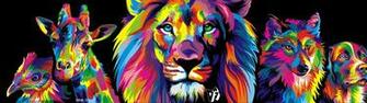 Multiple Display Colorful Lion Wolf Dog Giraffes HD Wallpaper