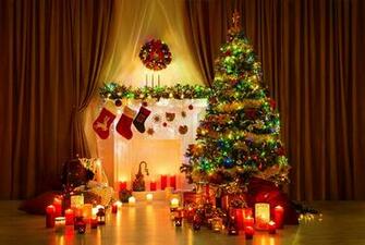 Wallpaper New Year Tree Gifts Fireplace Candles Fairy