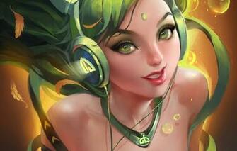 Wallpaper Leaves Girl Logo Headphones Art Sakimichan
