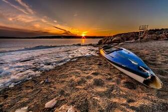 Wallpaper Sunset River Shore Broken Canoe