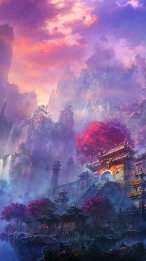 Exquisite Watercolors Mist Mountain Temple iPhone Wallpaper
