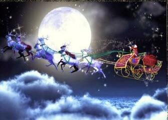 Santa Claus Coming To Town Riding His Reindeer Sleigh Flying In