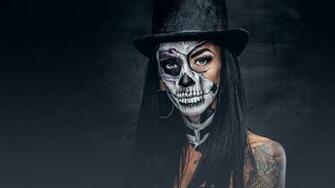 Image Brunette Girl Makeup Day Of The Dead Hat Girls