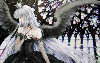 Angel Wings Anime Girls Silver Hair Black Nail Polish Looking Away