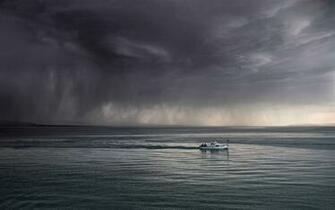 Nature Landscape Sea Storm Boat Clouds Dark Rain Mist