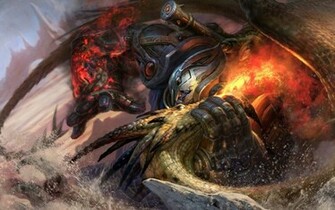 Warrior Attacking Dragon Wallpaper