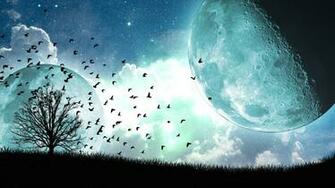 Blue Landscapes Trees Moon Surreal Skyscapes Skies