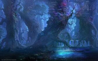 Wallpaper Evening Houses Elven Forest Fantasy Desktop