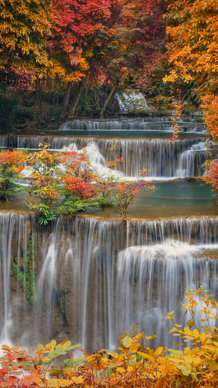 Waterfall Autumn Forest Nature Scenery Wallpaper iPhone Phone 4k
