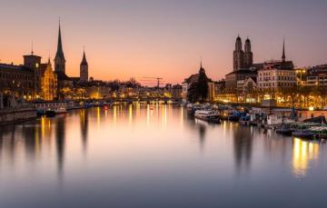 Wallpaper Bridge Lights River The Evening Switzerland