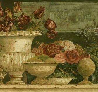 Wallpaper Border Antique French Country Floral In Vases Pitchers