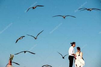 Lovely Couple Hugging Roof Seagull Background Bosphorus Stock
