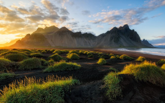 Black Sand Beach In Iceland Sunset Over Vestrahorn Batman Mountain