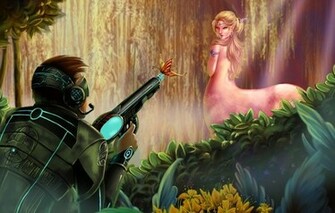Art Girl Centaur Soldier Man Gun Bow Forest Wallpaper Photos