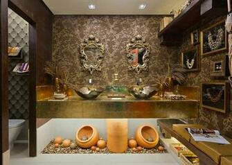 Build Modern Bathroom Gold Accents Wall Wallpaper Pattern Wood Bench
