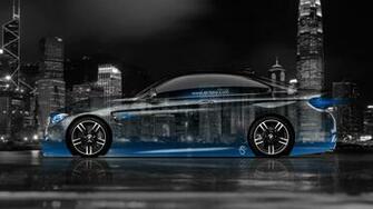 Bmw M4 Coupe Side Crystal City Car Blue Neon 4k Wallpaper Design