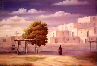 Taos Pueblo Watercolor Landscape Painting