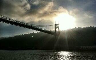 Sunset Clouds Trees Bridges Oregon Portland St Johns Rivers Wallpaper