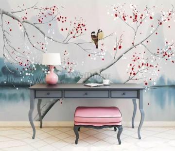 Watercolor Lake Landscape With Birds Wallpaper Mural