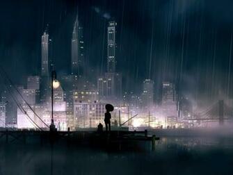 Wallpaper Night Pier Anime Rain Umbrella Skyscraper