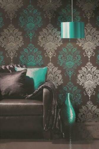 Details About Very Funky Large Scale Damask Modern Edgy Choc Teal