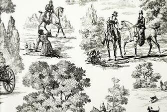 Fox Hunting Wallpaper Toile In Cream With Black Etched