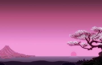 Wallpaper Japan Sea Minimalism Art Mountain Tree Sun