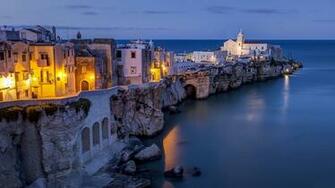 Wallpaper Italy Adriatic Sea Vieste City Night Houses Lights