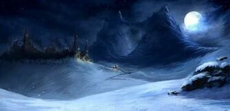 Wallpaper Mountains Night Castle Lights Snow Moon