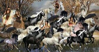A Group Of Hot Cavewomen Taming Large Herd Wild Horses