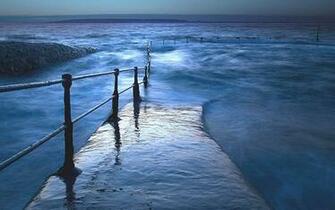Wallpaper Pier Water Sea Flooding Handrail